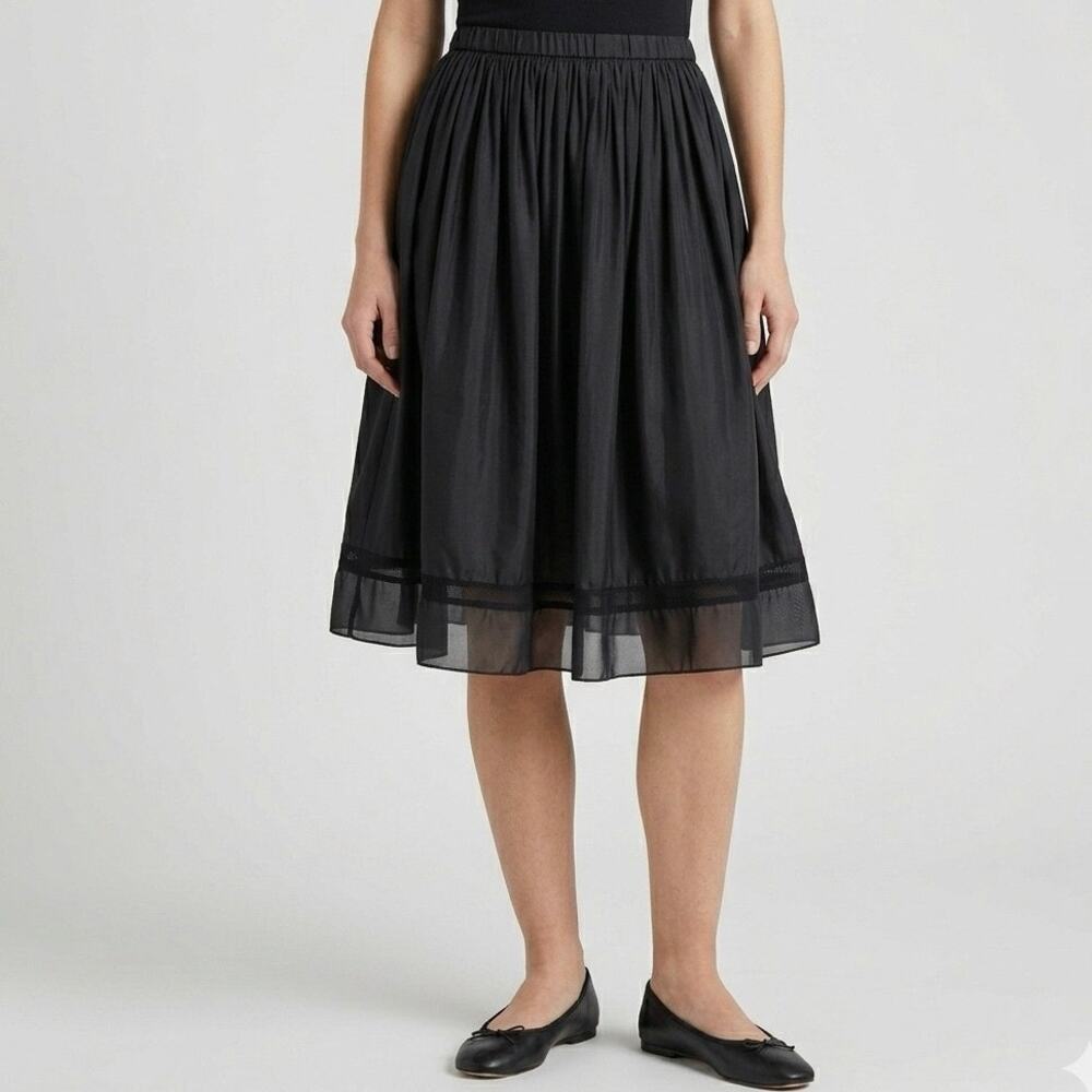 PURE DKNY Black Silk Midi Skirt Size 12 Pleated Chiffon Cotton Mesh Trim Luxury